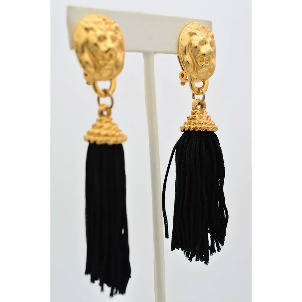 Vintage Lion Head Black Tassel Clip On Statement Earrings Brushed Gold 80s BinAR